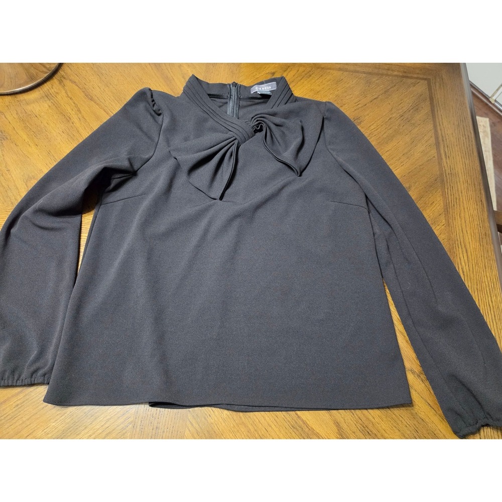 Gracia Womens Black Bow Neck Blouse Long Sleeve Mock Neck Back Zip Top Large